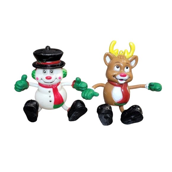 Vtg 1990 Fun World Snowman & Reindeer Bendable Arms & Legs Ornaments Lot Of 2 - Picture 1 of 9